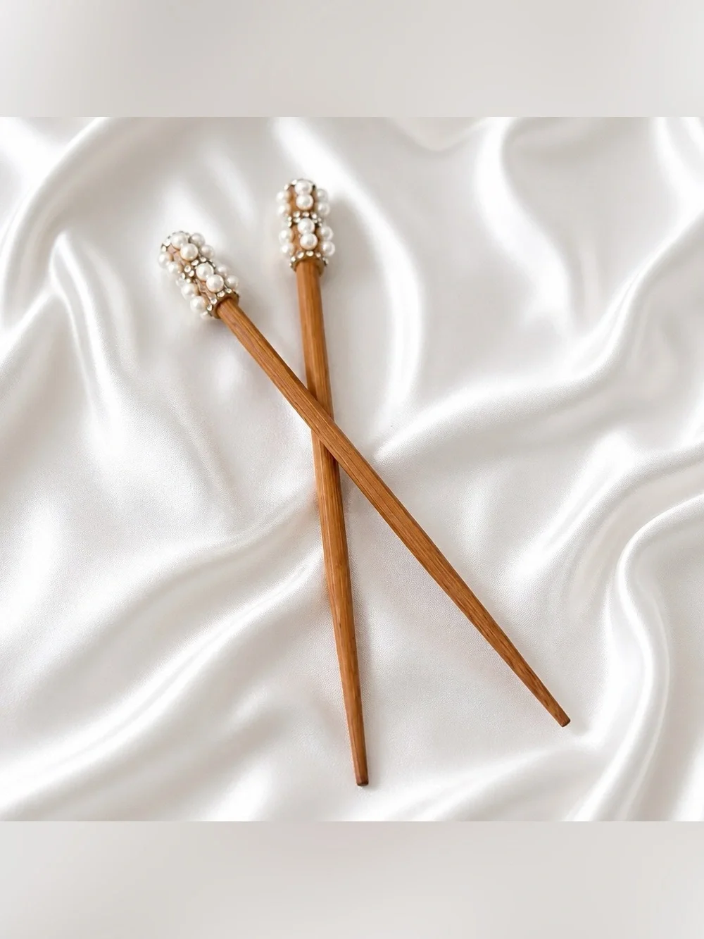 New 2 Natural Wood Color Hair Sticks Embellished With Crystals & Faux Pearls